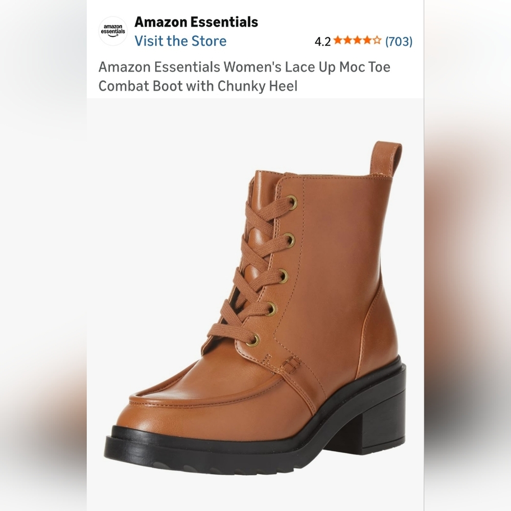 Amazon Essentials Women's Lace-Up Tan Combat Boot with Chunky Heel